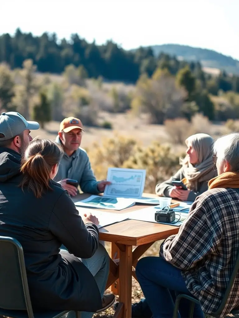 A photograph of a community workshop where members are learning about sustainable hunting practices and wildlife conservation.
