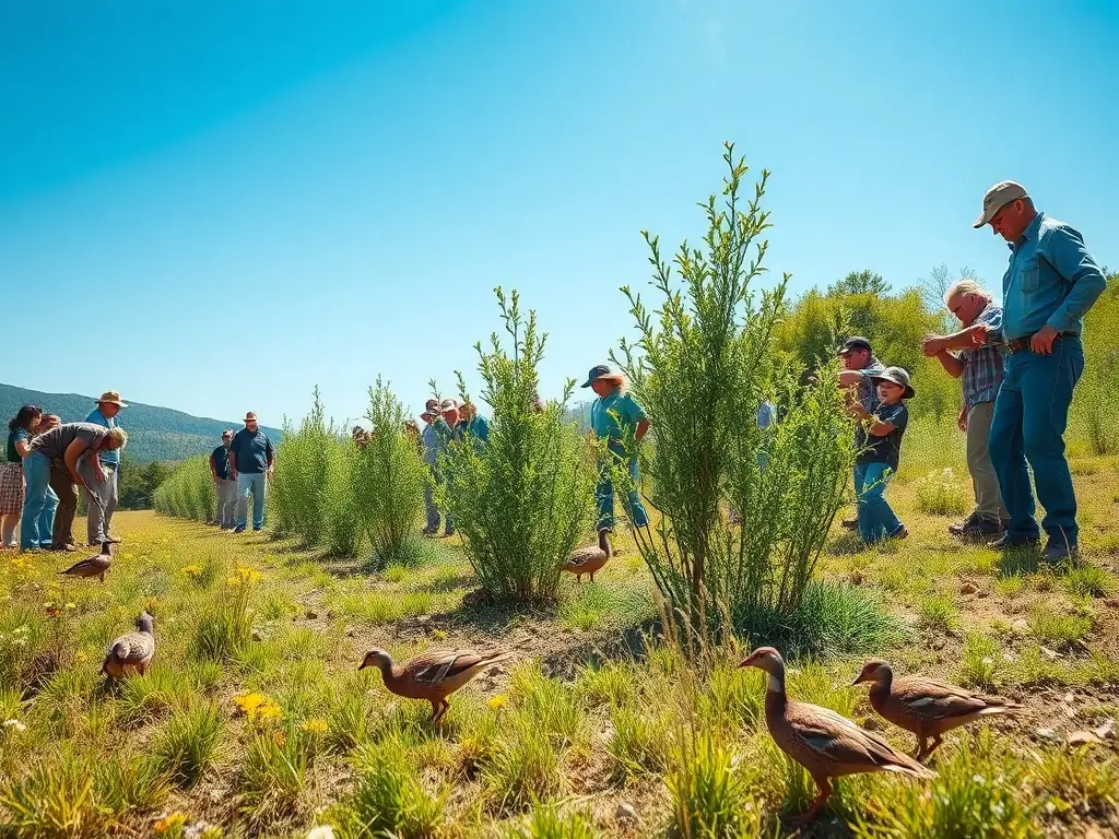 A vibrant image showing a group of volunteers planting native shrubs and trees in a restored partridge habitat, with partridges visible in the background.