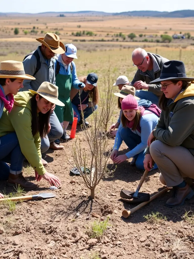 A photo of local volunteers participating in a habitat restoration project, planting native trees and shrubs, demonstrating community involvement.