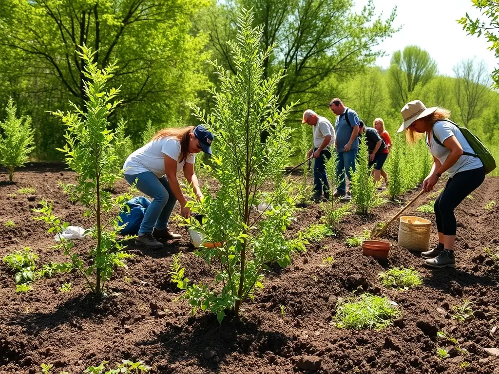 A group of volunteers planting native shrubs and trees in a restored habitat area, focusing on creating a diverse and sustainable ecosystem for partridges and other wildlife.