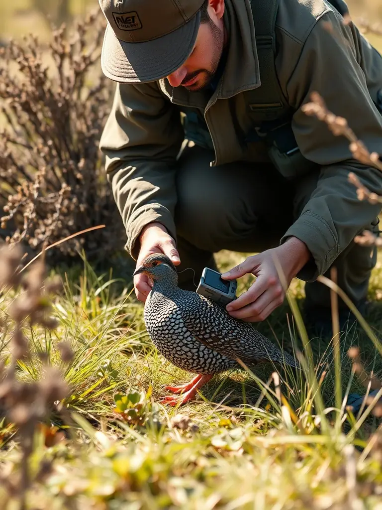 A photograph of a wildlife biologist monitoring partridge populations using tracking devices in their natural habitat.