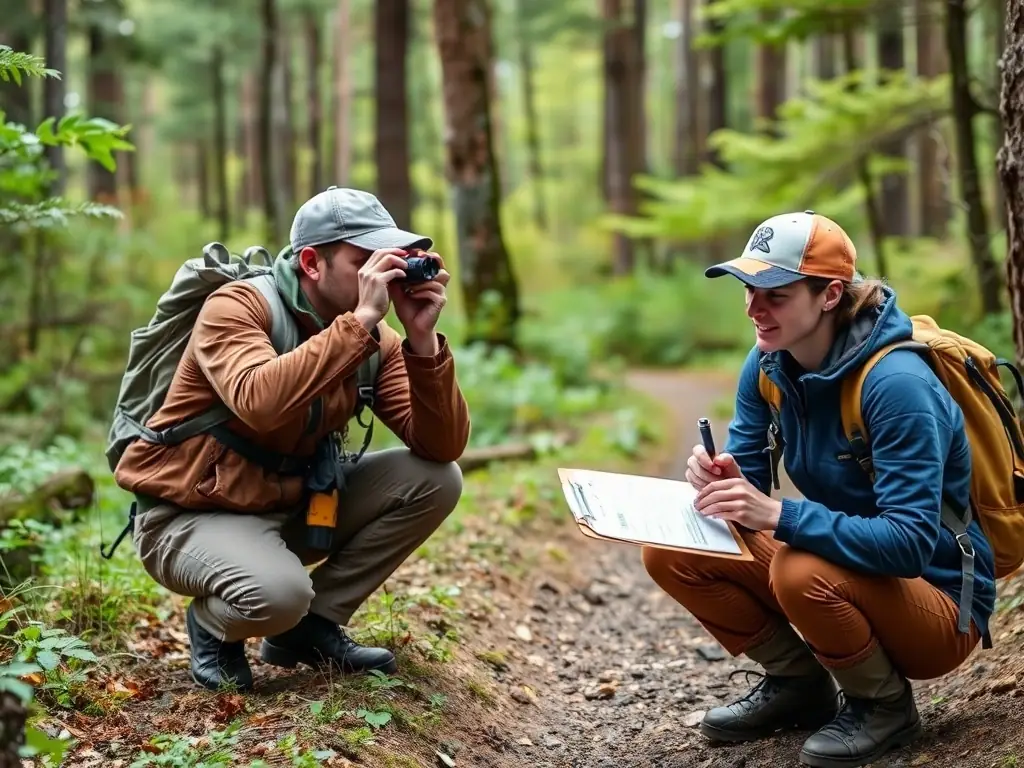 Researchers monitoring partridge populations in a protected area, collecting data on breeding success, habitat use, and overall population health.