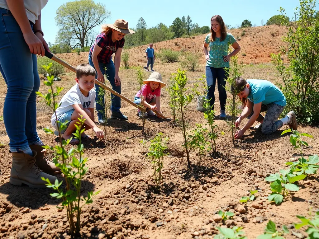 A photograph showcasing volunteers planting native vegetation in a restored partridge habitat, emphasizing community involvement and ecological restoration.