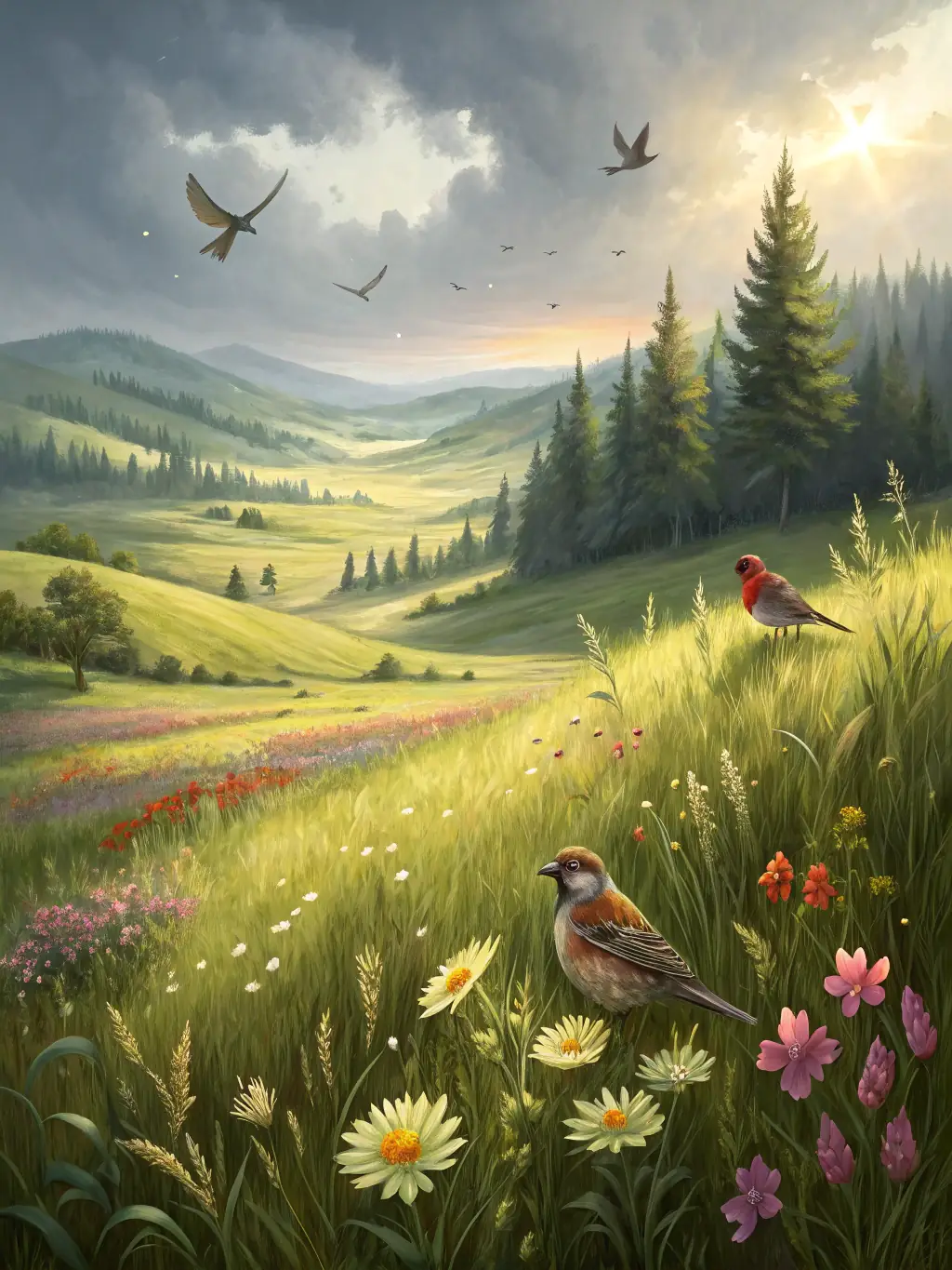 A vibrant image of a restored partridge habitat, showcasing diverse plant life and healthy partridge populations, symbolizing successful habitat restoration.