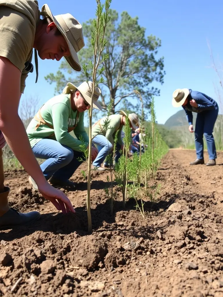 A photograph depicting volunteers planting native shrubs and trees as part of a habitat restoration project for partridges in the Planeze de St-Flour region.