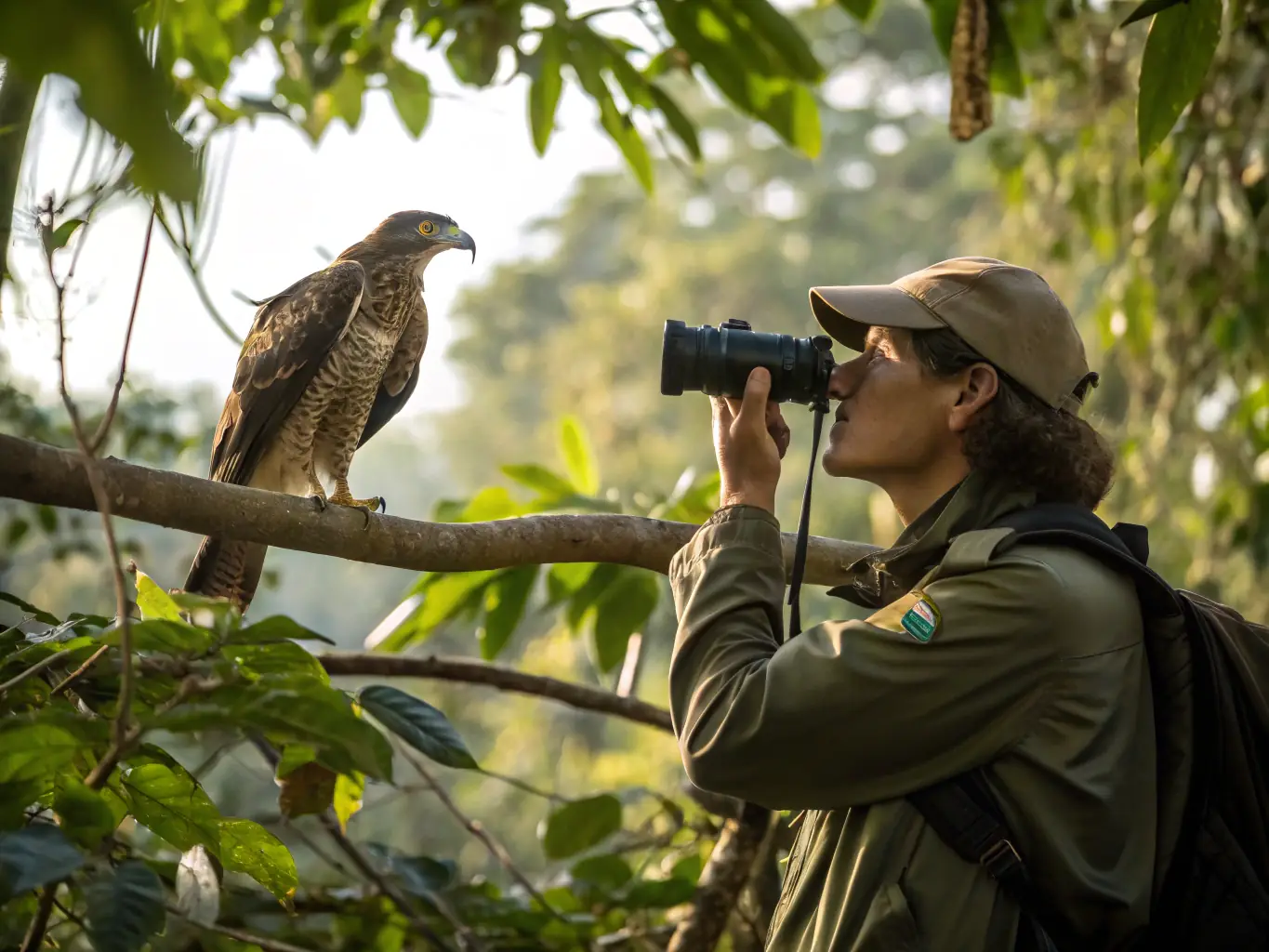 A photograph capturing a wildlife biologist conducting a partridge population survey in a field, using binoculars and recording data.